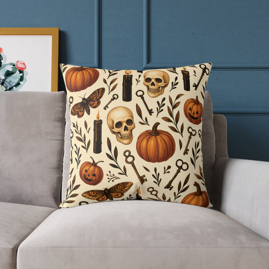 Gothic Halloween Throw Pillow – Colorway Poly Canvas – Reversible Plaid – Skulls, Moths & Black Candles – Premium Fall Decor