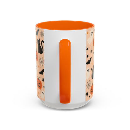 Halloween Color Accent Mug – Ghosts, Pumpkins & Black Cats, Fall Coffee Cup (11oz & 15oz) – Boutique Spooky Season Drinkware