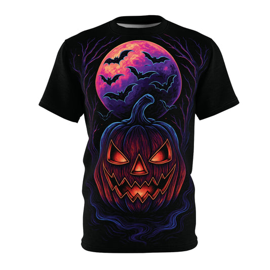 Neon Jack-o’-Lantern AOP Halloween T-Shirt – Glowing Pumpkin & Bats Extra Large Print Tee (All-Over Print)