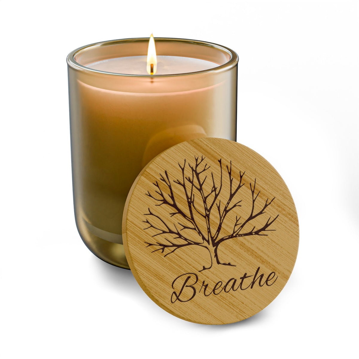 Breathe - Engraved Bamboo Lid Scented Soy Candle Frosted Glass Jar (14 oz)