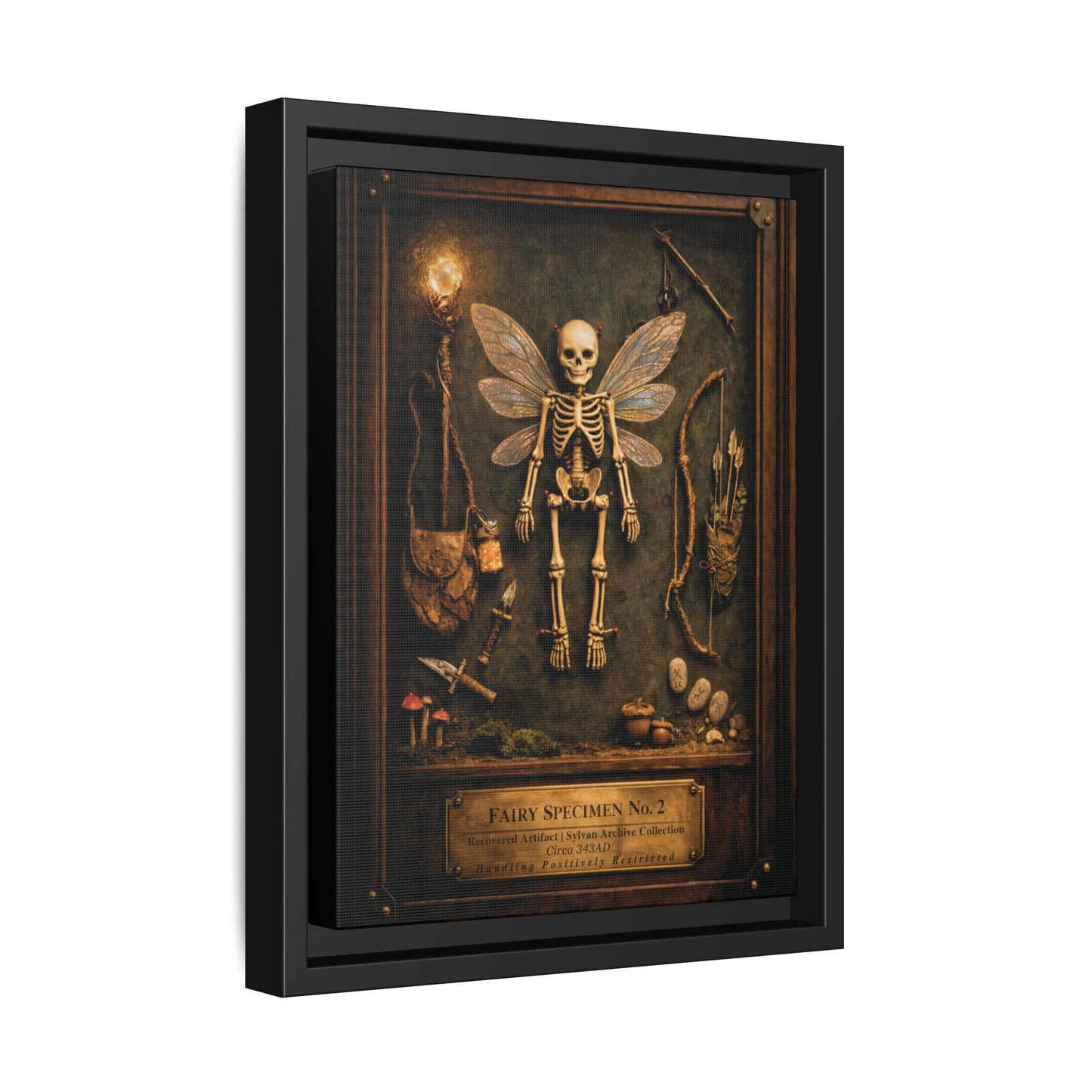 Fairy Specimen No. 2 Framed Canvas Print – Skeletal Fairy Wall Art, Dark Curiosity Cabinet Decor