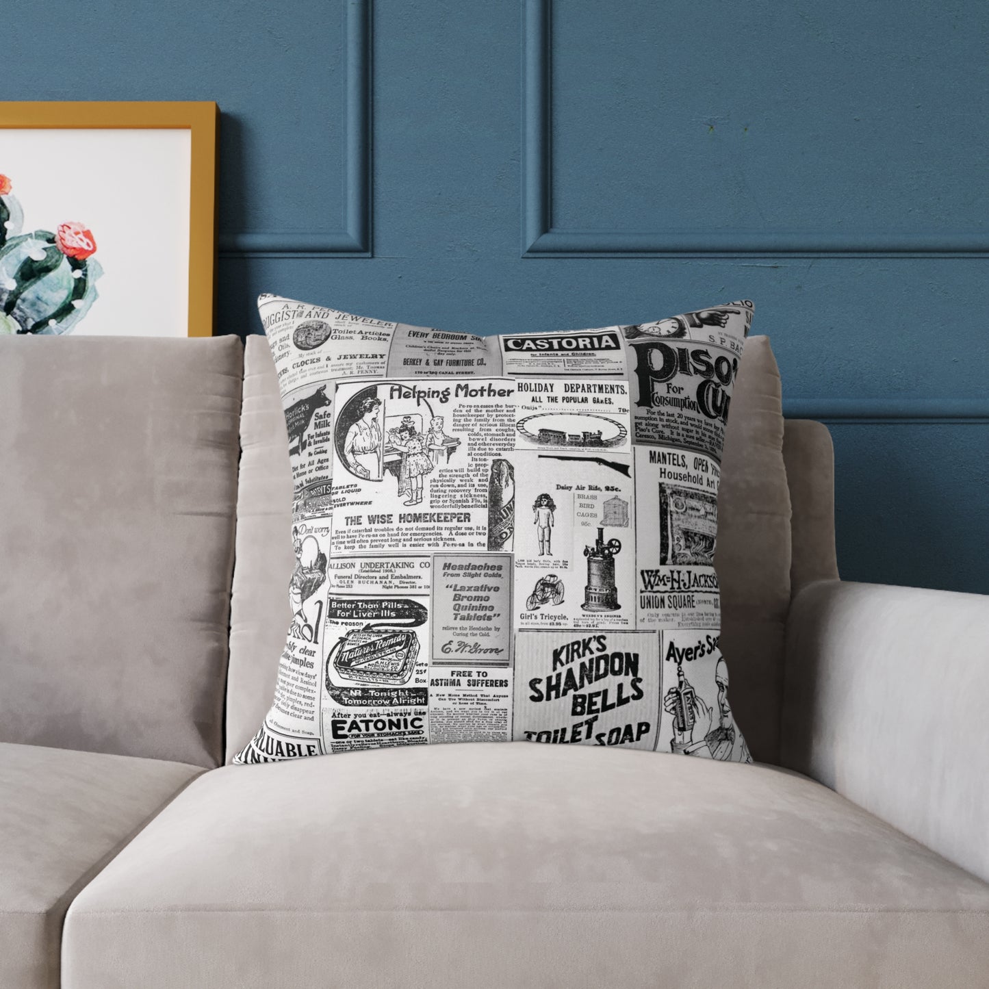 Occult Americana – 1800s Vintage Newspaper Ads Collage Art - Canvas Throw Pillow Version 2