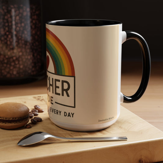 Teacher Mode – Color Accent Mug (11oz/15oz) • Rainbow Heart • Dishwasher & Microwave Safe