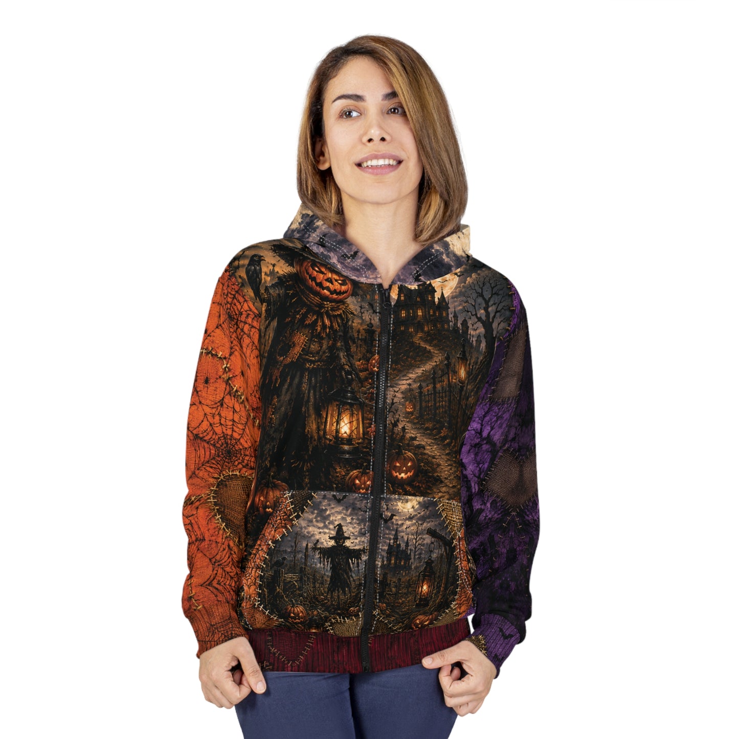 Gothic Halloween Zip Hoodie: Scarecrow Patchwork All Over Print, Unisex XS 2XL