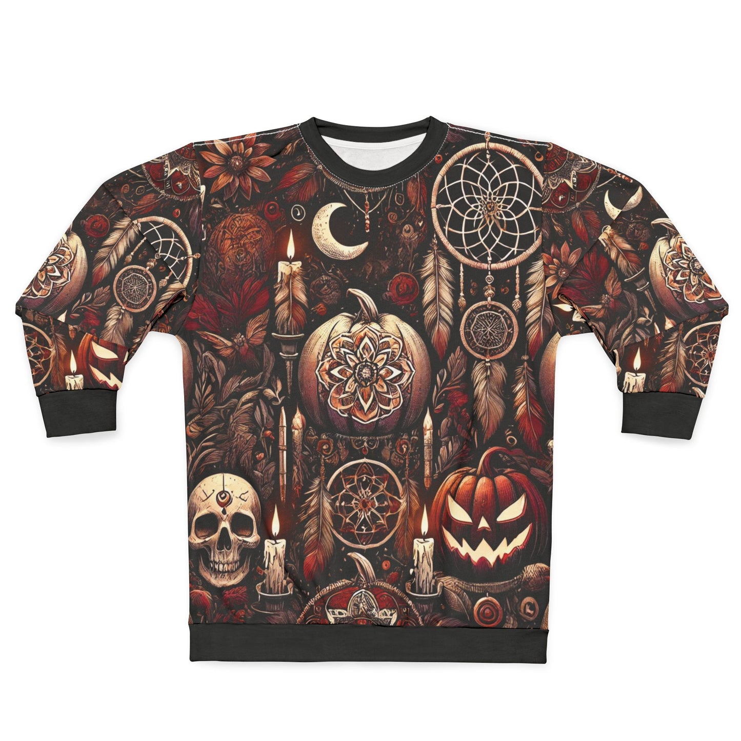 Midnight Samhain AOP Unisex Sweatshirt | Gothic Halloween Pumpkins, Candles & Dreamcatchers | Dark Fall Aesthetic | Free Worldwide Shipping