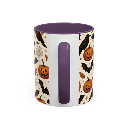 Halloween Raven & Pumpkin Color Accent Mug – Gothic Crow, Bats & Jack-o’-Lantern Coffee Cup (11oz & 15oz) – Spooky Autumn Drinkware