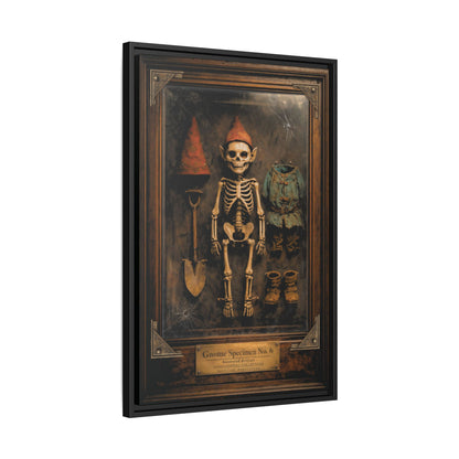 Gnome Specimen No. 6 Framed Canvas Print – Dark Curiosity Cabinet Wall Art, Gothic Skeleton Gnome Decor