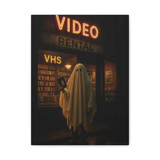 Retro Video Rental Ghost – VHS Nostalgia Matte Stretched Canvas Wall Art | 90s Spooky Decor