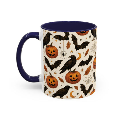 Halloween Raven & Pumpkin Color Accent Mug – Gothic Crow, Bats & Jack-o’-Lantern Coffee Cup (11oz & 15oz) – Spooky Autumn Drinkware
