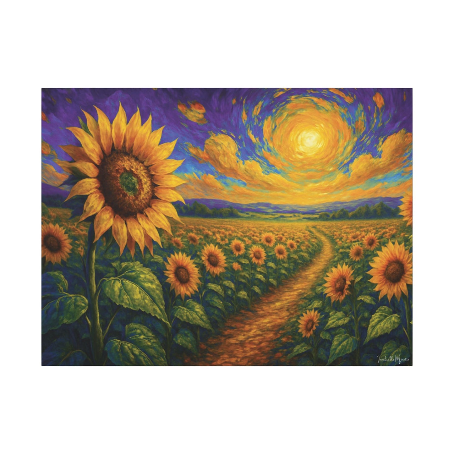 Sunflower Field Canvas Wall Art – Vibrant Golden Blooms, Van Gogh Inspired Sky, Horizontal Landscape Print