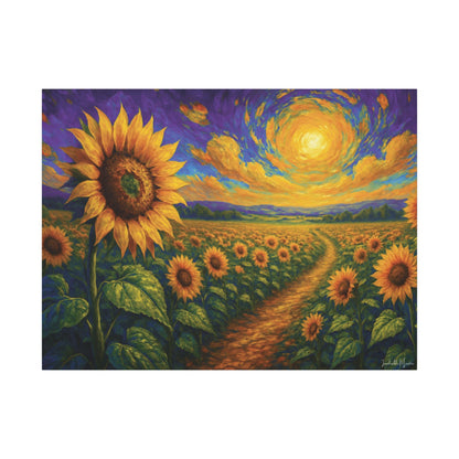 Sunflower Field Canvas Wall Art – Vibrant Golden Blooms, Van Gogh Inspired Sky, Horizontal Landscape Print