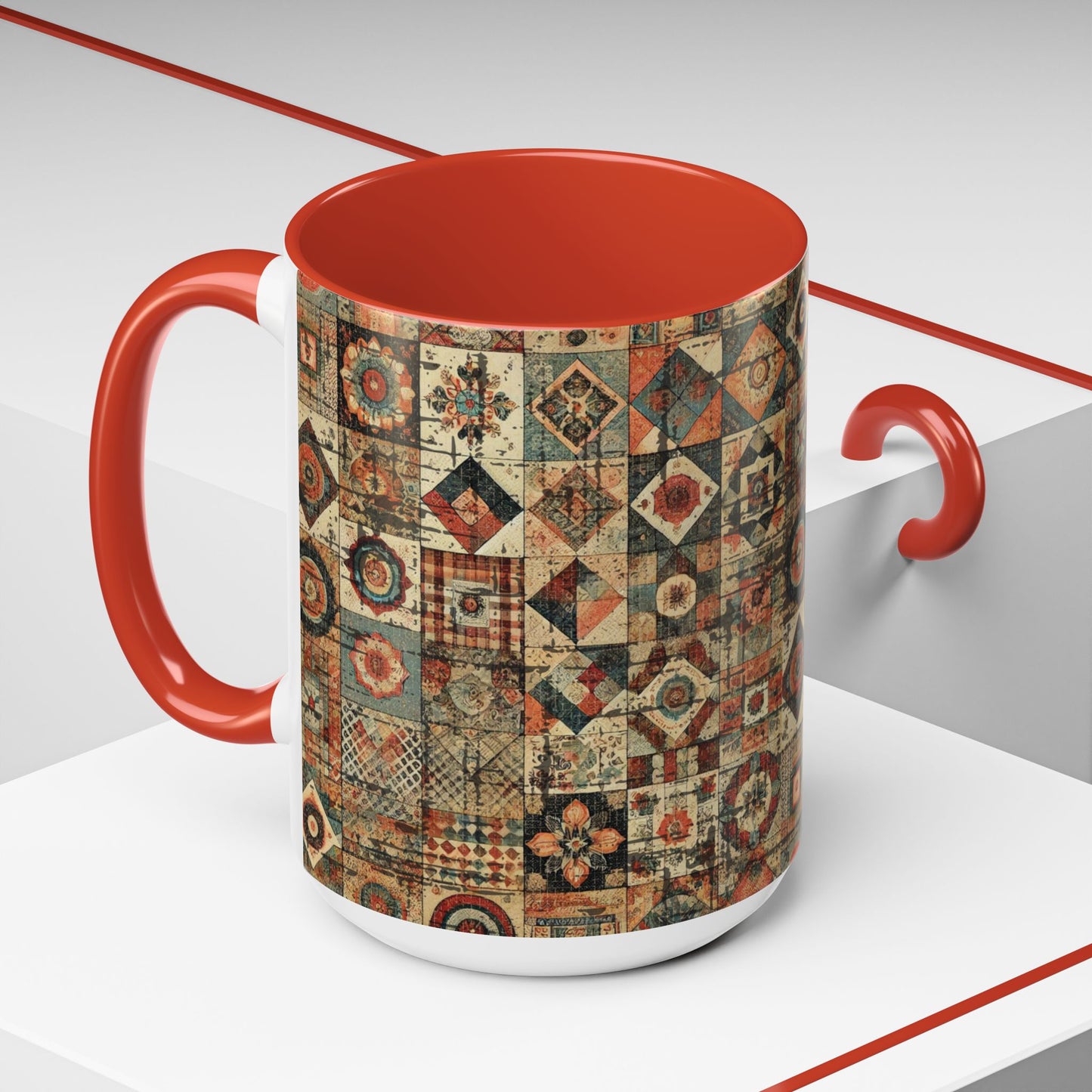 Boho Patchwork Quilt Mug | Vintage Accent Coffee Mug (11oz/15oz)