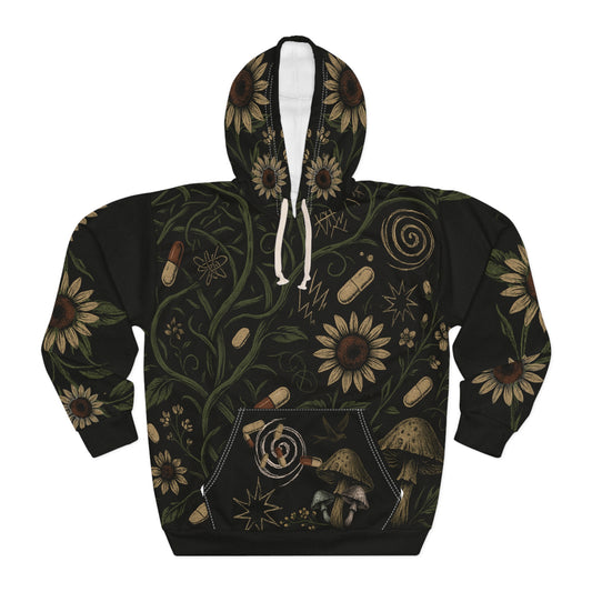 Dark, Hippie Floral AOP Unisex Pullover Hoodie – ADHD Aesthetic, Moody Boho Streetwear, Mental Health Awareness