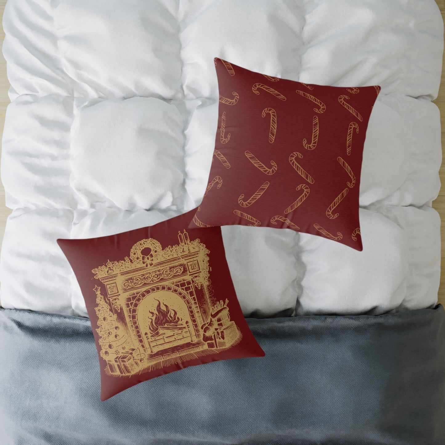 Vintage Fireplace Christmas Throw Pillow – Red & Gold Mantel with Candy Cane Pattern Back