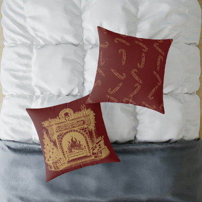 Vintage Fireplace Christmas Throw Pillow – Red & Gold Mantel with Candy Cane Pattern Back