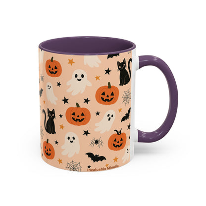 Halloween Color Accent Mug – Ghosts, Pumpkins & Black Cats, Fall Coffee Cup (11oz & 15oz) – Boutique Spooky Season Drinkware