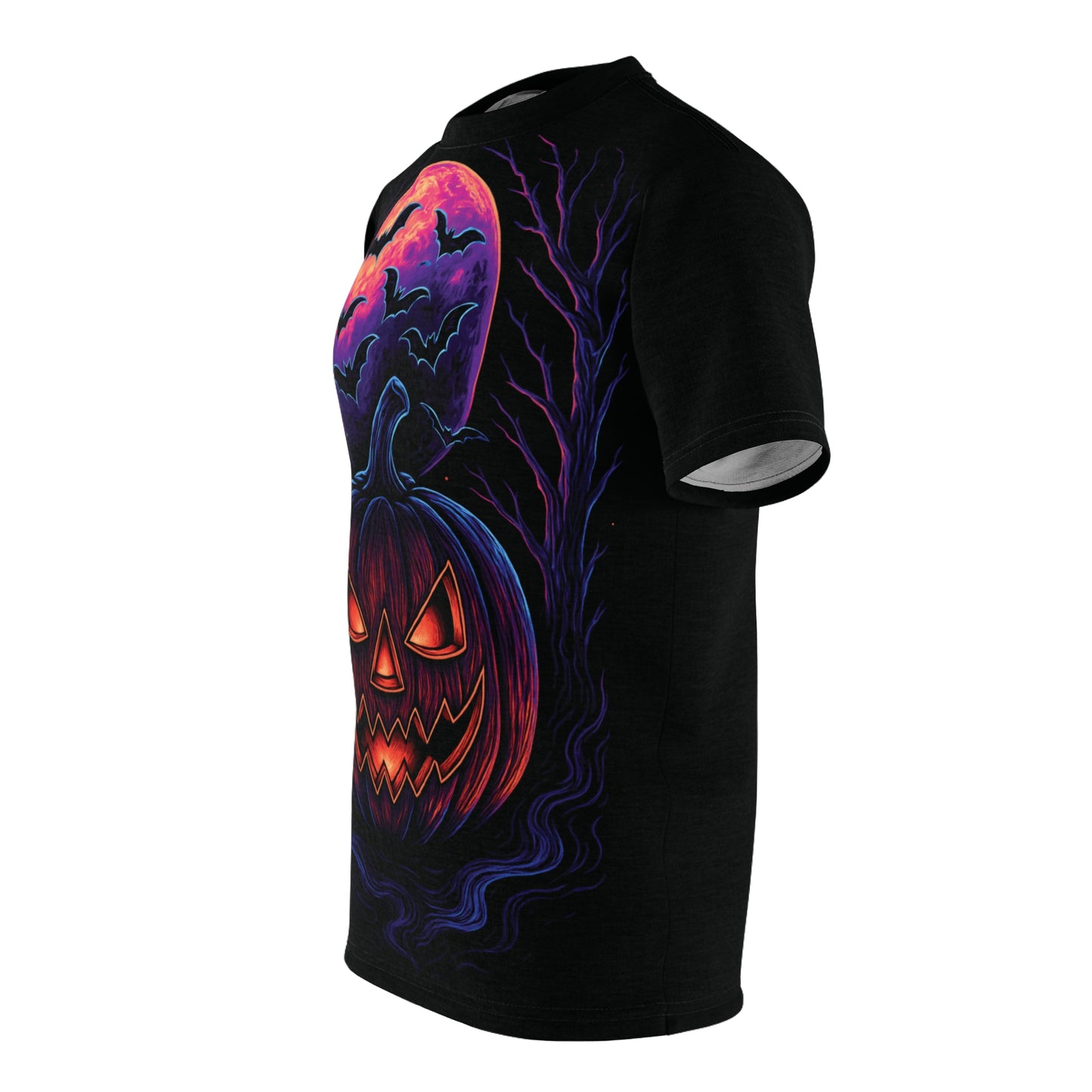 Neon Jack-o’-Lantern AOP Halloween T-Shirt – Glowing Pumpkin & Bats Extra Large Print Tee (All-Over Print)