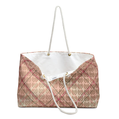 Elegant Blush Plaid Weekender Tote Bag • Oversized Beach & Travel Bag with Rope Handles • Custom Monogram Design
