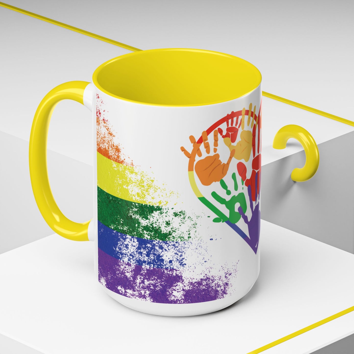Handprint Heart Pride Mug | Rainbow Splash Ceramic Cup | 11oz & 15oz