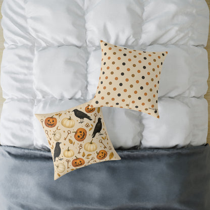 Boutique Halloween Throw Pillow – Crow & Pumpkin Pattern (Reversible Dot Back, Colorway™ Poly Canvas)