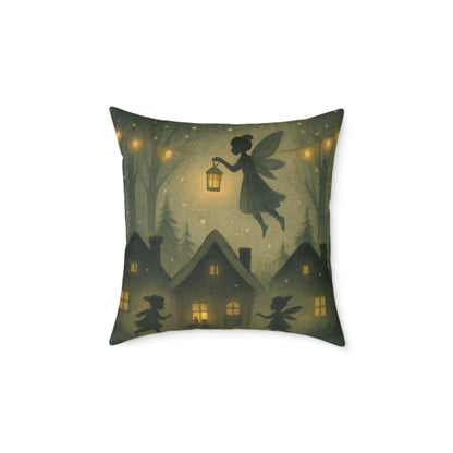Winter Night Fairies Throw Pillow – Lantern Village Scene Dual-Sided Canvas Cushion