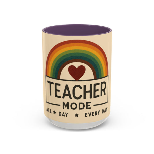 Teacher Mode – Color Accent Mug (11oz/15oz) • Rainbow Heart • Teacher Gift • Dishwasher & Microwave Safe