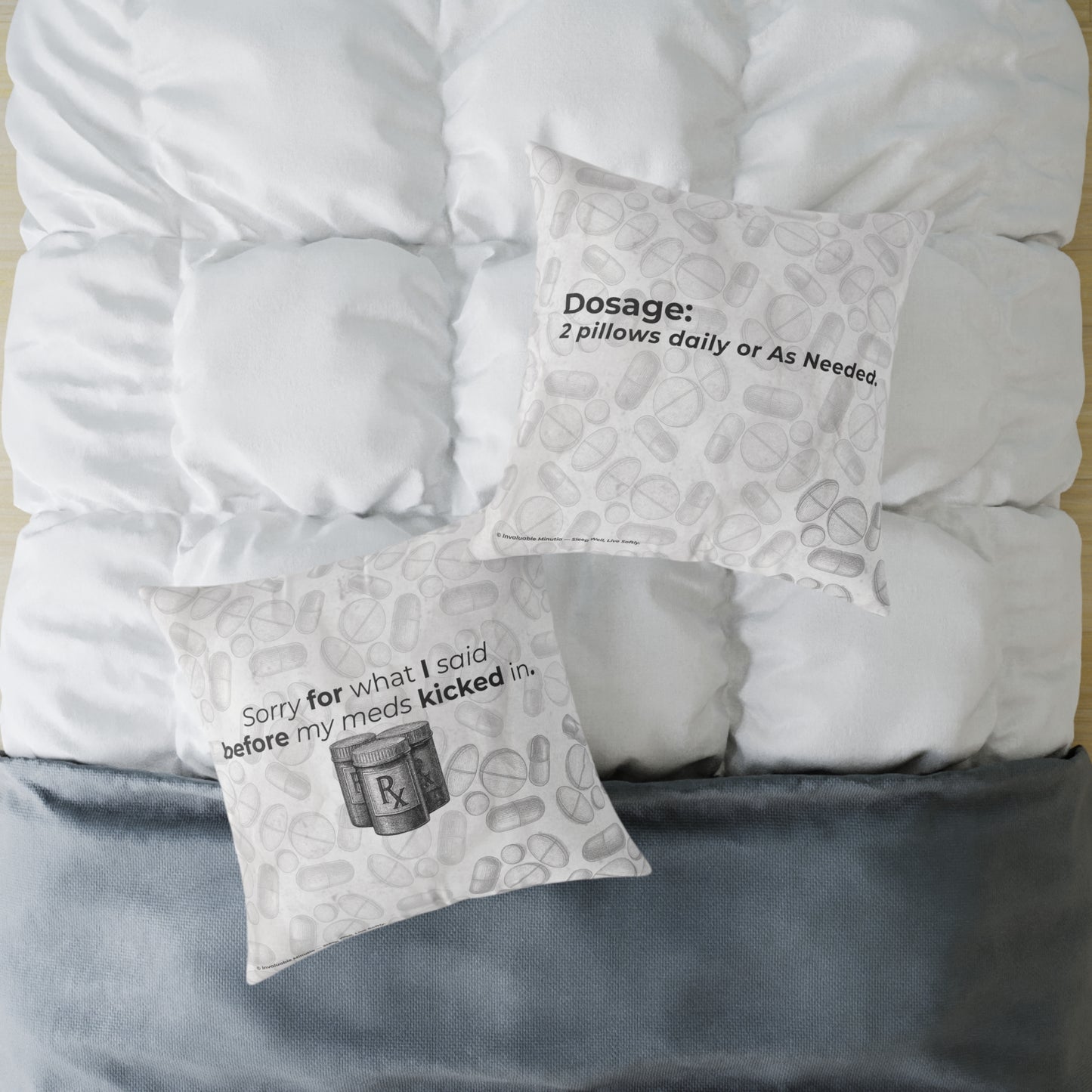 Before My Meds Kicked In — Poly Canvas Throw Pillow | Vintage Pharmacy Pattern, Dosage Back Print