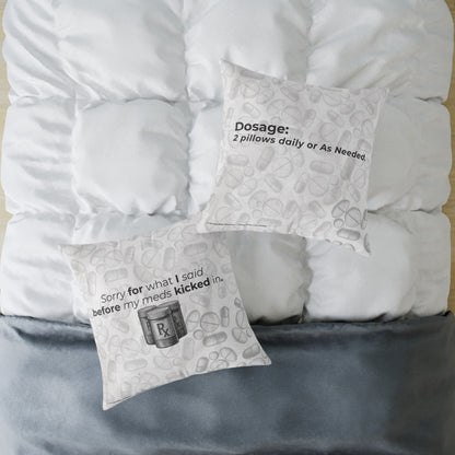 Before My Meds Kicked In — Poly Canvas Throw Pillow | Vintage Pharmacy Pattern, Dosage Back Print