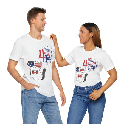 Patriotic Party Cat Tee – Happy 4th of July – Unisex Bella+Canvas Jersey Tee - 4th of July Tee