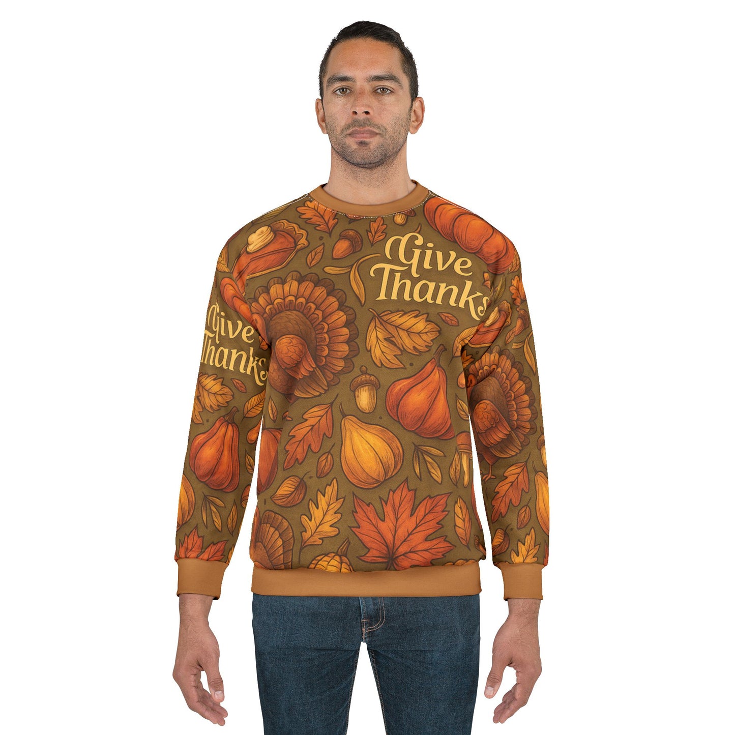 Give Thanks AOP Unisex Sweatshirt | Thanksgiving Pumpkins, Turkeys & Pie | Fall Gratitude Sweater | Free Worldwide Shipping