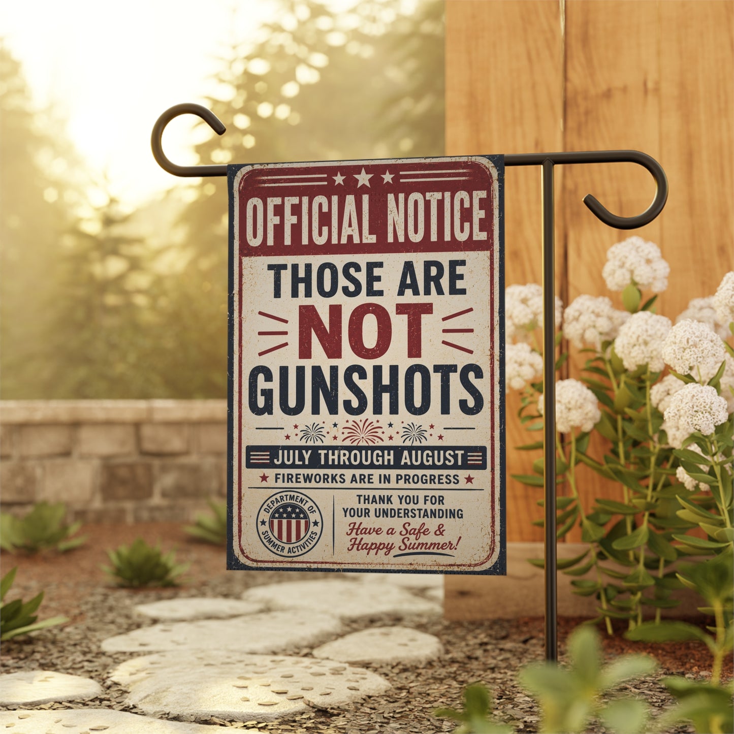 Garden Flag - "Official Notice: Those Are Not Gunshots" Patriotic Fireworks Garden Banner or House Flag