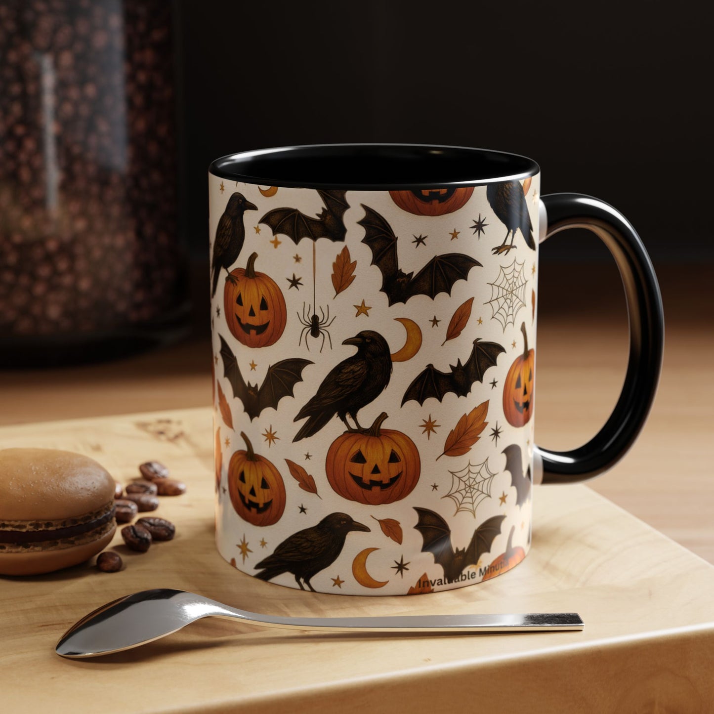 Halloween Raven & Pumpkin Color Accent Mug – Gothic Crow, Bats & Jack-o’-Lantern Coffee Cup (11oz & 15oz) – Spooky Autumn Drinkware
