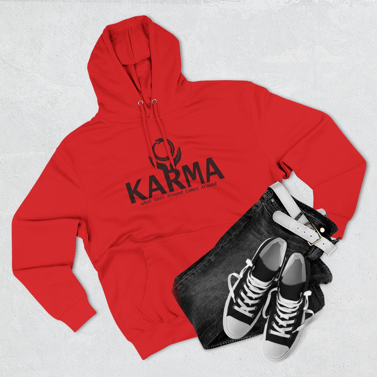 Karma Hoodie — “What Goes Around Comes Around” Minimalist Spiritual Quote Hoodie (Lane Seven Premium Fleece)