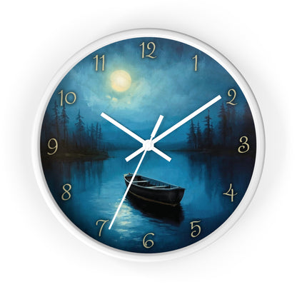 Moonlit Lake Wall Clock – Serene Night Boat Scene 10" Decor