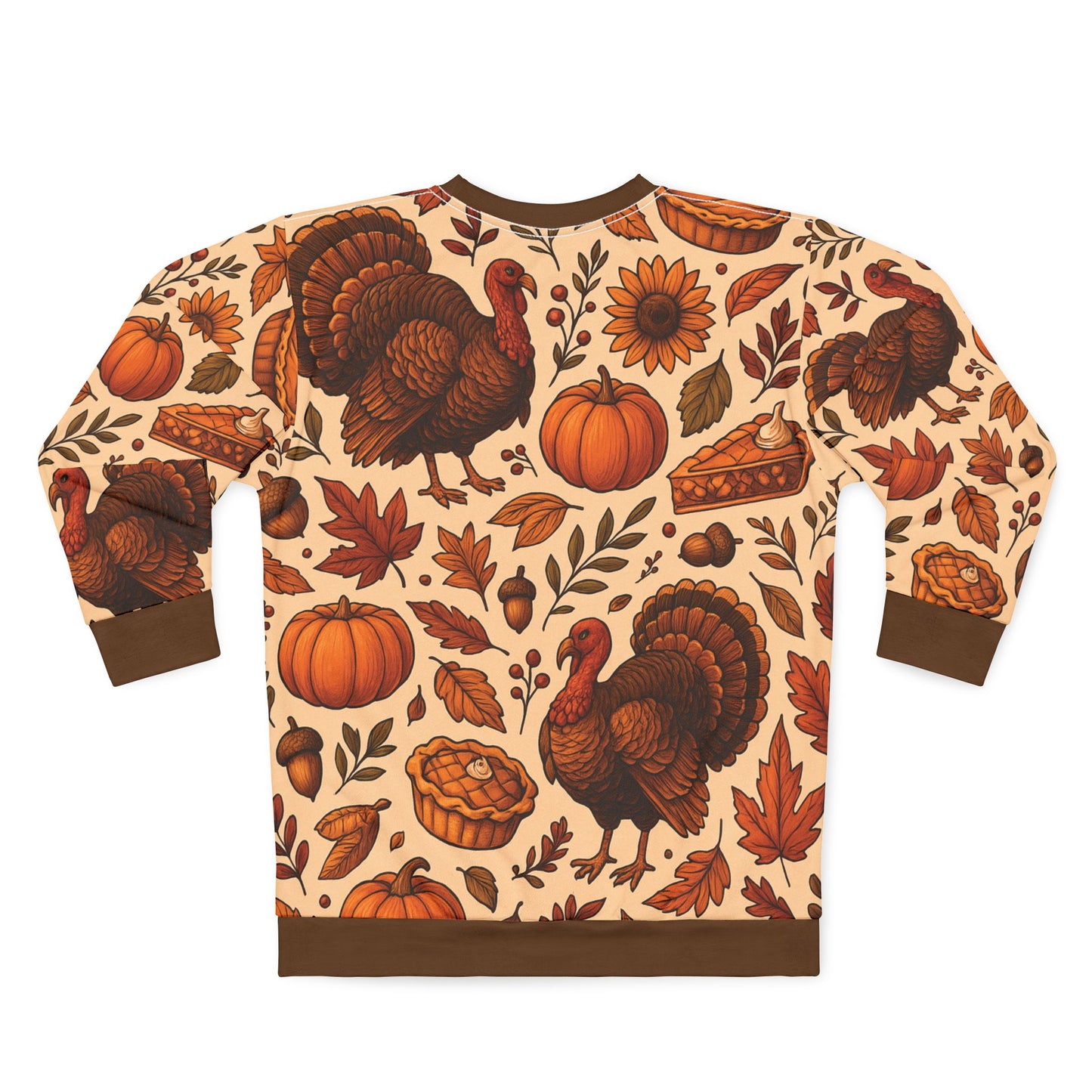 Thanksgiving Turkey Feast AOP Unisex Sweatshirt | Cozy Fall Sweater | Pumpkins, Pies & Autumn Leaves | Free Worldwide Shipping