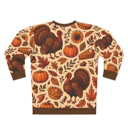 Thanksgiving Turkey Feast AOP Unisex Sweatshirt | Cozy Fall Sweater | Pumpkins, Pies & Autumn Leaves | Free Worldwide Shipping