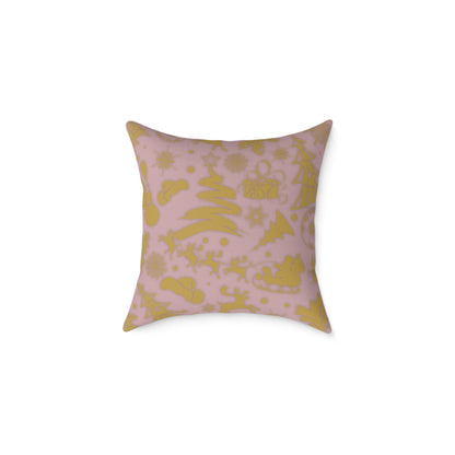 Blush Pink & Gold Gift Box Throw Pillow – Holiday Icon Pattern Canvas Cushion