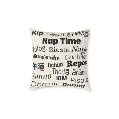 Nap Time (Multilingual) Poly Canvas Throw Pillow — Universal Language: Rest. | Premium Neutral Decorative Cushion
