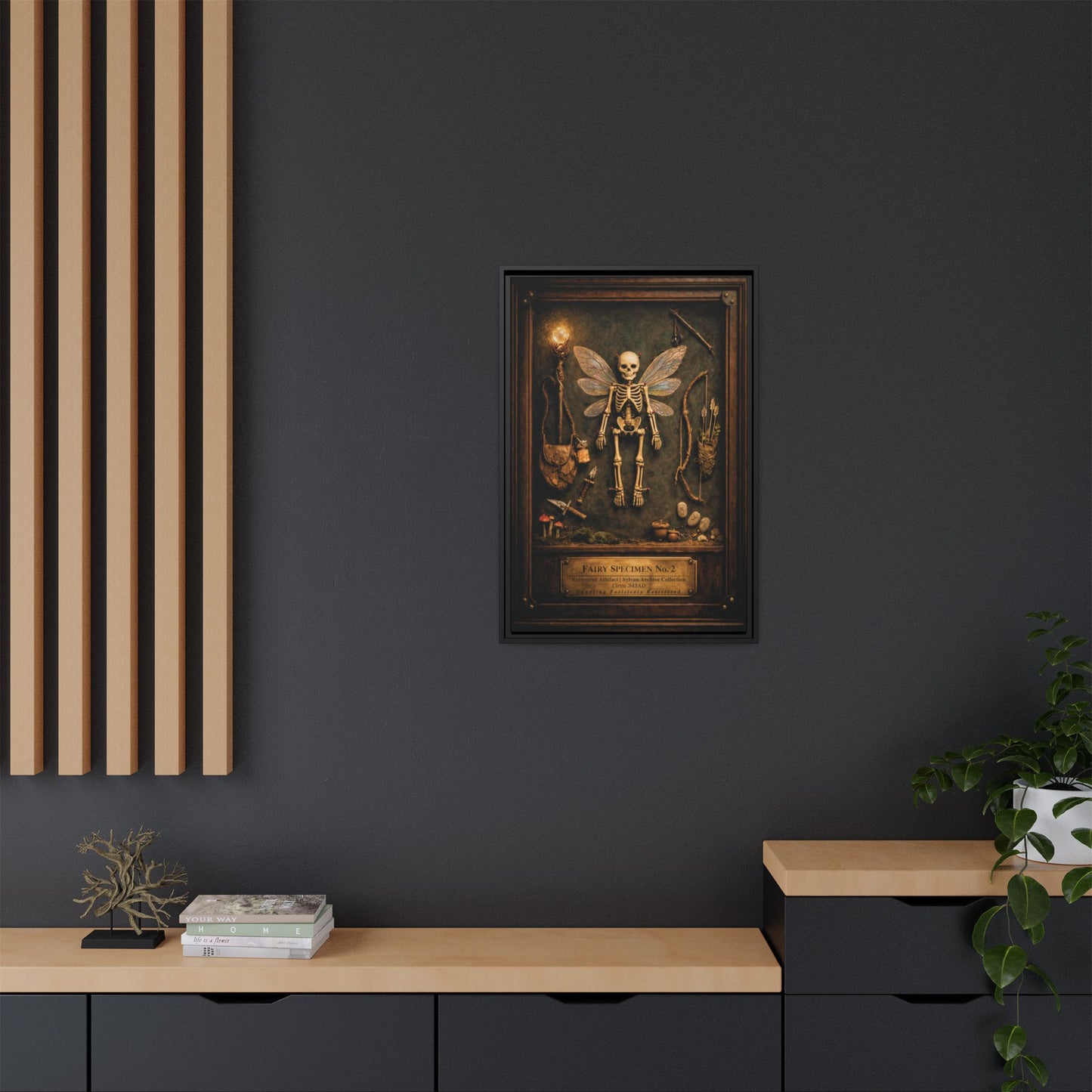 Fairy Specimen No. 2 Framed Canvas Print – Skeletal Fairy Wall Art, Dark Curiosity Cabinet Decor
