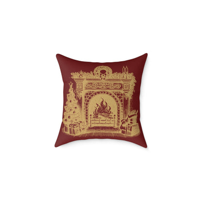 Vintage Fireplace Christmas Throw Pillow – Red & Gold Mantel with Candy Cane Pattern Back