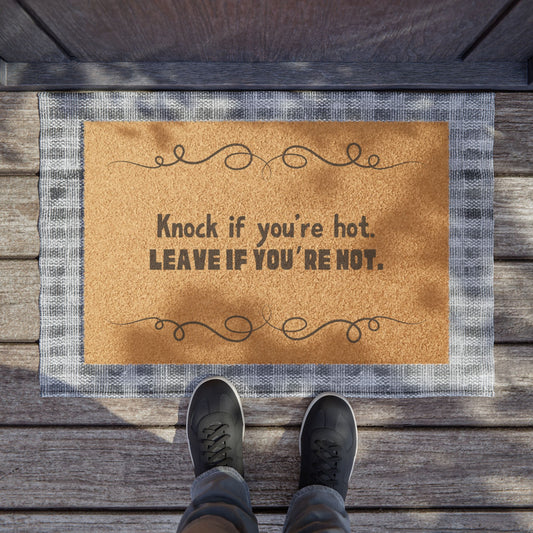 Knock If You’re Hot Doormat – Funny Sarcastic Welcome Mat, Bold Black Print Boutique Décor