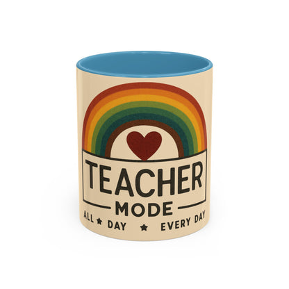 Teacher Mode – Color Accent Mug (11oz/15oz) • Rainbow Heart • Teacher Gift • Dishwasher & Microwave Safe