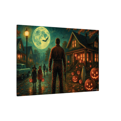 Halloween Neighborhood Scene Canvas Print – Retro Suburban Trick-or-Treat, Glowing Pumpkins & Full Moon Wall Art