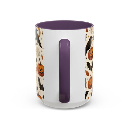 Halloween Raven & Pumpkin Color Accent Mug – Gothic Crow, Bats & Jack-o’-Lantern Coffee Cup (11oz & 15oz) – Spooky Autumn Drinkware
