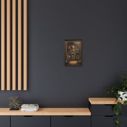 Gnome Specimen No. 6 Framed Canvas Print – Dark Curiosity Cabinet Wall Art, Gothic Skeleton Gnome Decor