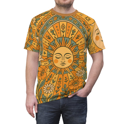 Sun & Moon Boho Vibes Unisex Cut & Sew Tee | AOP Shirt, Boho Style Tee, Perfect for Summer, Gift for Nature Lovers, Festival Wear