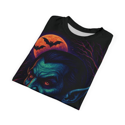 Vampire AOP Halloween T-Shirt – Neon Bloodthirsty Count Extra Large Print Tee (All-Over Print)