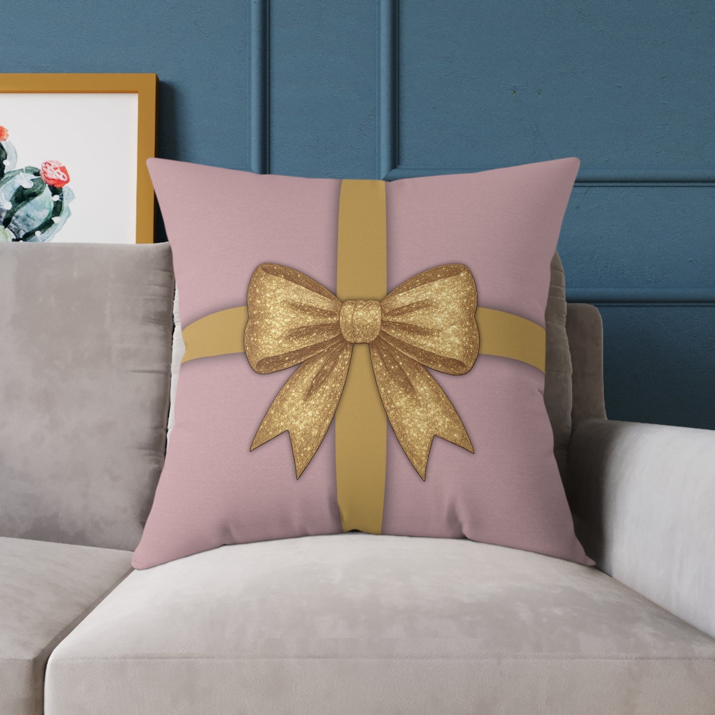 Blush Pink & Gold Gift Box Throw Pillow – Holiday Icon Pattern Canvas Cushion