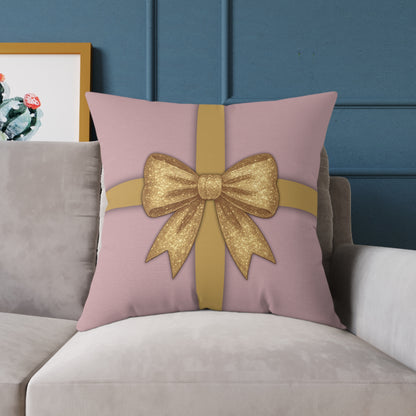 Blush Pink & Gold Gift Box Throw Pillow – Holiday Icon Pattern Canvas Cushion