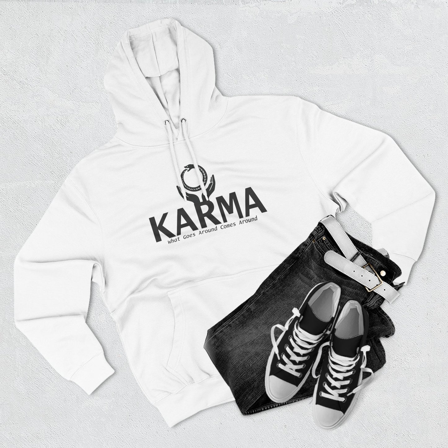 Karma Hoodie — “What Goes Around Comes Around” Minimalist Spiritual Quote Hoodie (Lane Seven Premium Fleece)